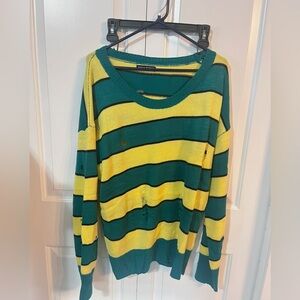 SHEIN Green and Yellow Distressed Striped Sweater